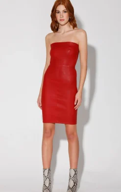 Leather>Walter Baker Alexis Dress, Red-Stretch Leather